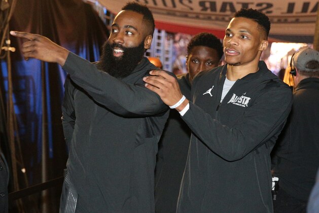 LOS ANGELES, CA - FEBRUARY 18: James Harden #13 and Russell Westbrook #0 of team LeBron walk into the arena during the NBA All-Star Game as a part of 2018 NBA All-Star Weekend at STAPLES Center on February 18, 2018 in Los Angeles, California. NOTE TO USER: User expressly acknowledges and agrees that, by downloading and/or using this photograph, user is consenting to the terms and conditions of the Getty Images License Agreement.  Mandatory Copyright Notice: Copyright 2018 NBAE (Photo by Chris Marion/NBAE via Getty Images)