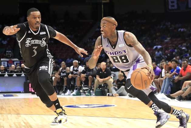BIRMINGHAM, ALABAMA - JULY 06: Craig Smith #3 of the Enemies  chases Mike Taylor #88 of the Ghost Ballers during week three of the BIG3 three on three basketball league at Legacy Arena at the BJCC on July 06, 2019 in Birmingham, Alabama. (Photo by Andy Lyons/BIG3/Getty Images)