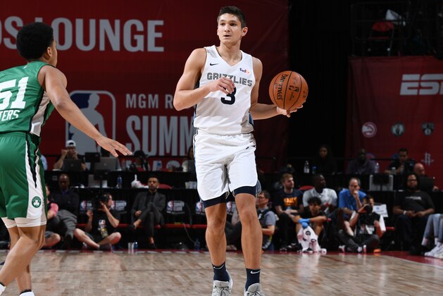 LAS VEGAS, NV - JULY 11: Grayson Allen #3 of the Memphis Grizzlies handles the ball against the Boston Celtics on July 11, 2019 at the Thomas & Mack Center in Las Vegas, Nevada. NOTE TO USER: User expressly acknowledges and agrees that, by downloading and/or using this photograph, user is consenting to the terms and conditions of the Getty Images License Agreement. Mandatory Copyright Notice: Copyright 2019 NBAE (Photo by Garrett Ellwood/NBAE via Getty Images)