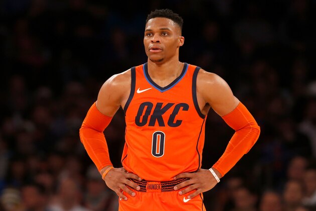 NEW YORK, NY - JANUARY 21:  (NEW YORK DAILIES OUT)    Russell Westbrook #0 of the Oklahoma City Thunder in action against the New York Knicks at Madison Square Garden on January 21, 2019 in New York City. The Thunder defeated the Knicks 127-109. NOTE TO USER: User expressly acknowledges and agrees that, by downloading and/or using this Photograph, user is consenting to the terms and conditions of the Getty Images License Agreement.  (Photo by Jim McIsaac/Getty Images)
