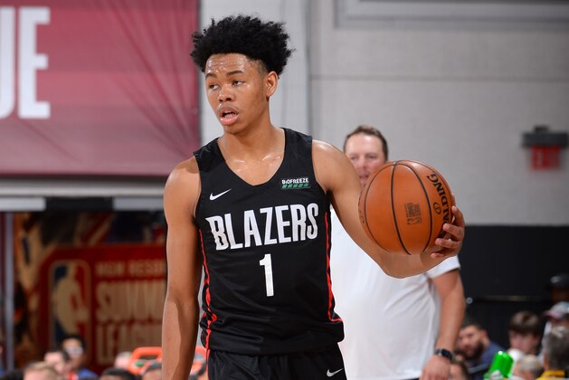 LAS VEGAS, NV - JULY 9: Anfernee Simons #1 of the Portland Trail Blazers handles the ball against the Utah Jazz on July 9, 2019 at the Cox Pavilion in Las Vegas, Nevada. NOTE TO USER: User expressly acknowledges and agrees that, by downloading and/or using this photograph, user is consenting to the terms and conditions of the Getty Images License Agreement. Mandatory Copyright Notice: Copyright 2019 NBAE (Photo by Bart Young/NBAE via Getty Images)