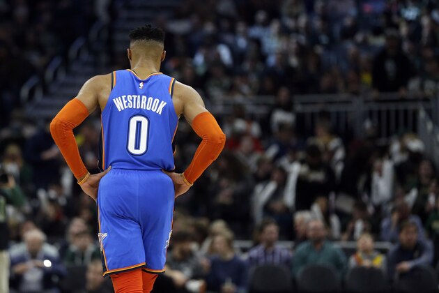 Oklahoma City Thunder's Russell Westbrook during the second half of an NBA basketball game against the Milwaukee Bucks Wednesday, April 10, 2019, in Milwaukee. (AP Photo/Aaron Gash)