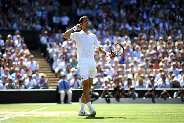 LONDON, ENGLAND - JULY 12: Novak Djokovic of Serbia reacts in his Men's Singles semi-final match against Roberto Bautista Agut of Spain during Day eleven of The Championships - Wimbledon 2019 at All England Lawn Tennis and Croquet Club on July 12, 2019 in London, England. (Photo by Mike Hewitt/Getty Images) LONDON, ENGLAND - JULY 12: Novak Djokovic of Serbia reacts in his Men's Singles semi-final match against Roberto Bautista Agut of Spain during Day eleven of The Championships - Wimbledon 2019 at All England Lawn Tennis and Croquet Club on July 12, 2019 in London, England. (Photo by Mike Hewitt/Getty Images)