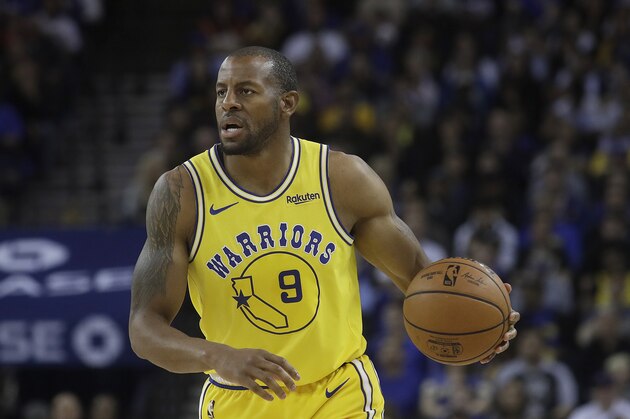 Golden State Warriors guard Andre Iguodala (9) against the Denver Nuggets during an NBA basketball game in Oakland, Calif., Tuesday, April 2, 2019. (AP Photo/Jeff Chiu)