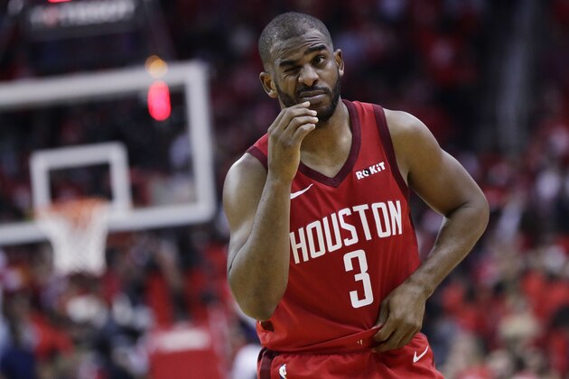 Houston Rockets guard Chris Paul (3) reacts after he was hit on the face during the second half in Game 6 of the team's second-round NBA basketball playoff series against the Golden State Warriors, Friday, May 10, 2019, in Houston. Golden State won 118-113, winning the series. (AP Photo/Eric Gay)