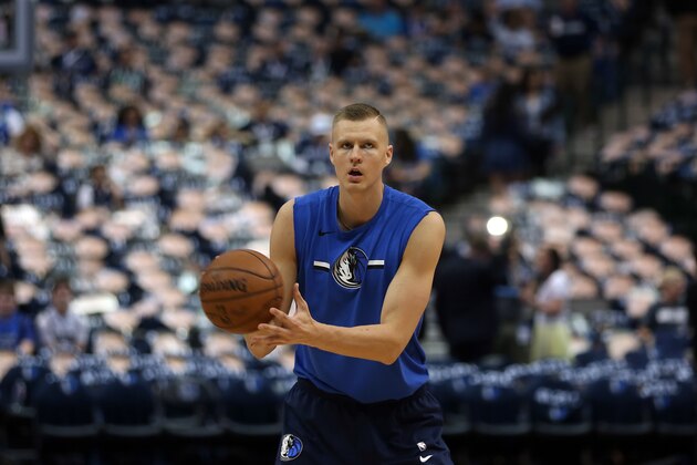 DALLAS, TX - APRIL 09: Kristaps Porzingis of Dallas Mavericks warms up prior the game between Phoenix Suns and Dallas Mavericks at American Airlines Center on April 9, 2019 in Dallas, Texas. NOTE TO USER: User expressly acknowledges and agrees that, by downloading and or using this photograph, User is consenting to the terms and conditions of the Getty Images License Agreement. (Photo by Omar Vega/Getty Images)