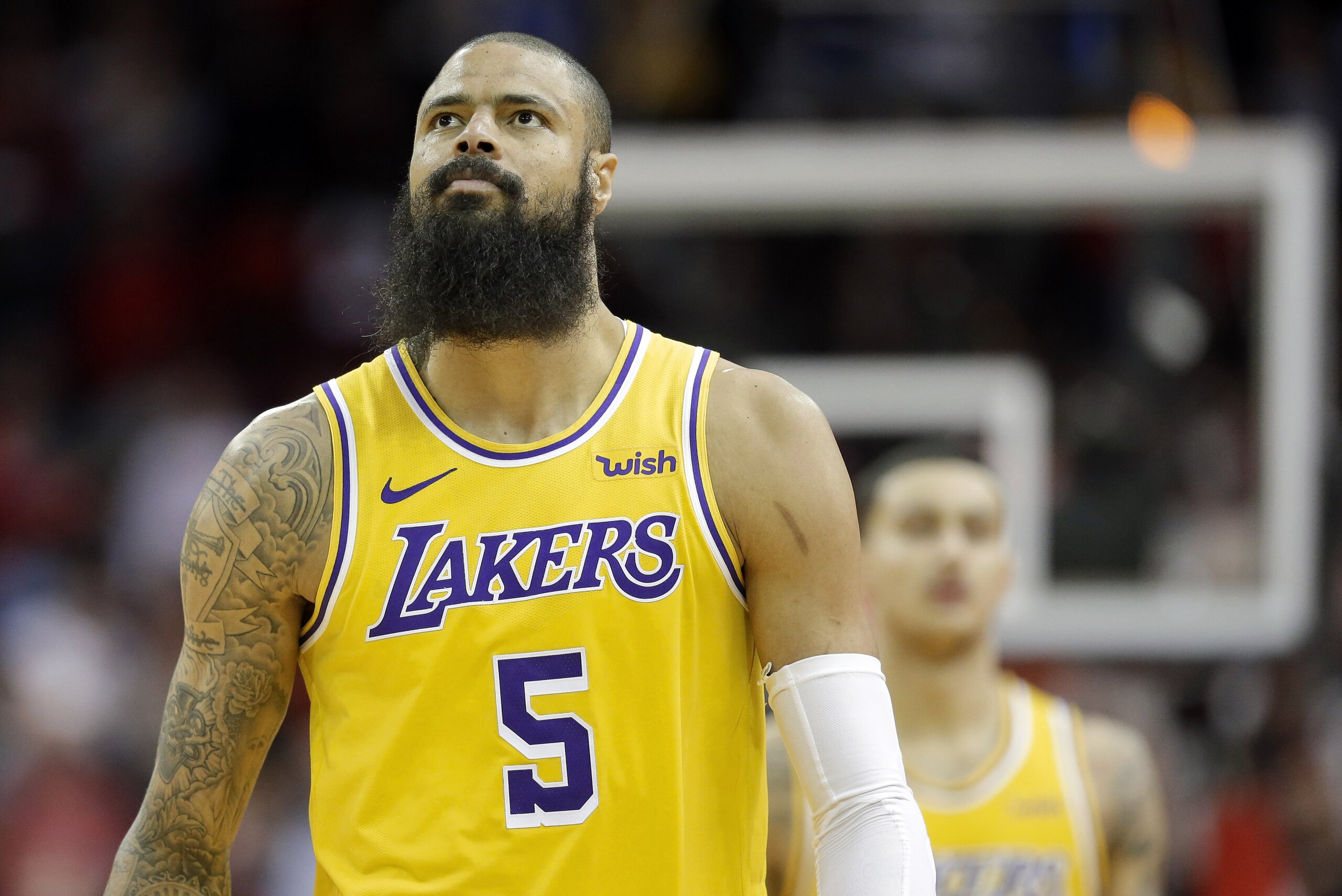 Los Angeles Lakers center Tyson Chandler (5) looks at the scoreboard after a Lakers turnover late in overtime during an NBA basketball game against the Houston Rockets, Saturday, Jan. 19, 2019, in Houston. Houston won 138-134. (AP Photo/Eric Christian Smith)