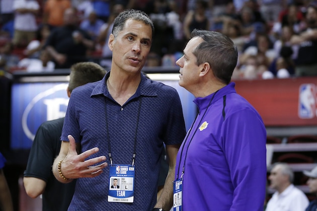 LAS VEGAS, NEVADA - JULY 10: General manager Rob Pelinka of the Los Angeles Lakers (L) talks with head coach Frank Vogel of the Los Angeles Lakers (R) during the 2019 Summer League at the Thomas & Mack Center on July 10, 2019 in Las Vegas, Nevada. NOTE TO USER: User expressly acknowledges and agrees that, by downloading and or using this photograph, User is consenting to the terms and conditions of the Getty Images License Agreement. (Photo by Michael Reaves/Getty Images)