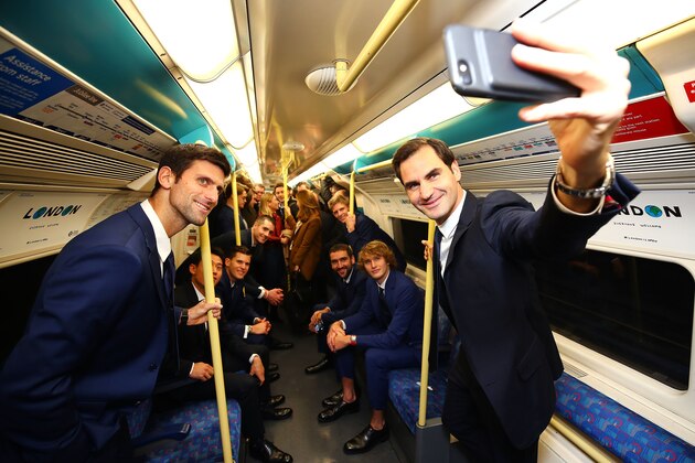LONDON, ENGLAND - NOVEMBER 09: (EXCLUSIVE COVERAGE) The eight singles players competing at the Nitto ATP Finals take the Jubilee line on the London Underground from North Greenwich station to Westminster station to attend the Nitto ATP Finals Official Launch presented by Moet & Chandon at London's iconic Houses of Parliament on November 9, 2018 in London, England. (L-R) Novak Djokovic, Kei Nishikori, Dominic Thiem, John Isner, Kevin Anderson, Marin Cilic, Alexander Zverev, Roger Federer. The tournament will be played 11-18 November at The O2.  (Photo by Clive Brunskill/Getty Images)