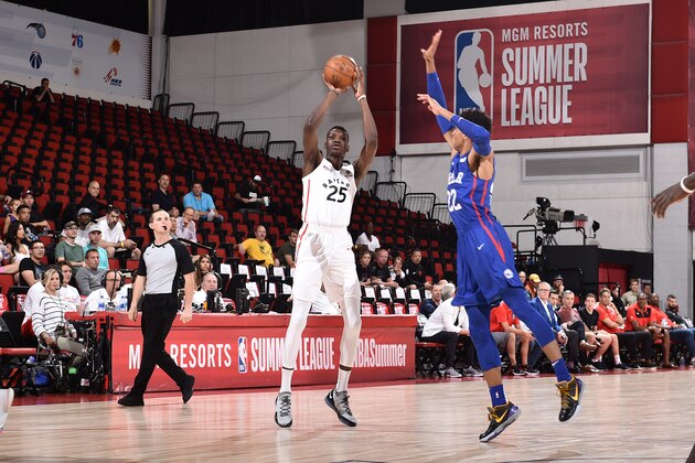 LAS VEGAS, NV - JULY 12: Chris Boucher #25 of the Toronto Raptors shoots three point basket against the Philadelphia 76ers during Day 8 of the 2019 Las Vegas Summer League on July 12, 2019 at the Cox Pavilion in Las Vegas, Nevada NOTE TO USER: User expressly acknowledges and agrees that, by downloading and/or using this Photograph, user is consenting to the terms and conditions of the Getty Images License Agreement. Mandatory Copyright Notice: Copyright 2019 NBAE (Photo by David Dow/NBAE via Getty Images)