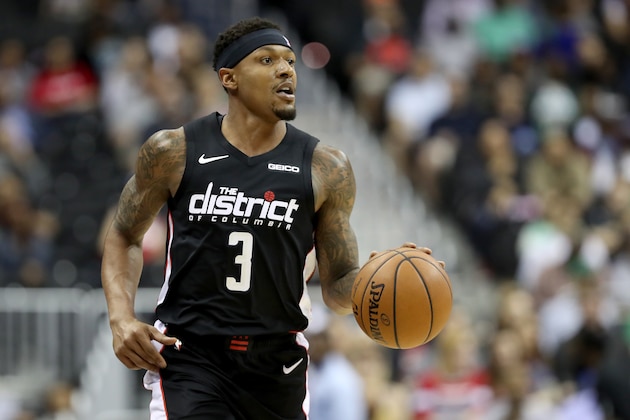 WASHINGTON, DC - APRIL 09: Bradley Beal #3 of the Washington Wizards dribbles the ball against the Boston Celtics in the first half at Capital One Arena on April 09, 2019 in Washington, DC. NOTE TO USER: User expressly acknowledges and agrees that, by downloading and or using this photograph, User is consenting to the terms and conditions of the Getty Images License Agreement. (Photo by Rob Carr/Getty Images)