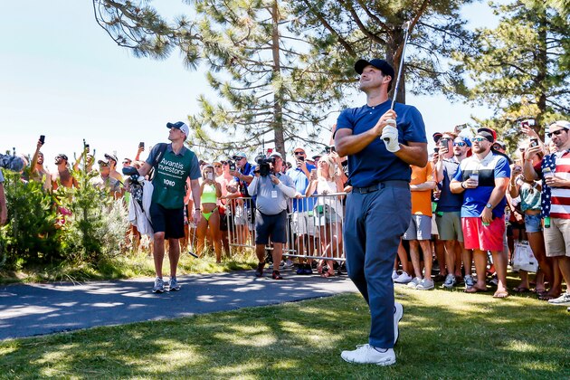 STATELINE, NEVADA - JULY 12: Tony Romo hits his ball back onto the course to get to the 18th green during the first round of the 2019 American Century Championship at Edgewood Tahoe Golf Course on July 12, 2019 in Stateline, Nevada. (Photo by Jonathan Devich/Getty Images)