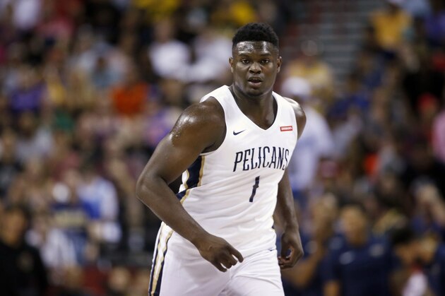 New Orleans Pelicans' Zion Williamson runs upcourt during the team's NBA summer league basketball game against the New York Knicks on Friday, July 5, 2019, in Las Vegas. (AP Photo/Steve Marcus)