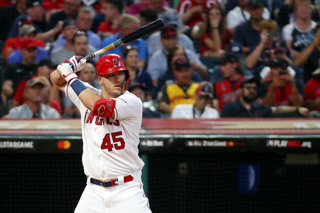 CLEVELAND, OHIO - JULY 09: Mike Trout #27 of the Los Angeles Angels of Anaheim and the American League (wearing #45 in honor of Tyler Skaggs) bats against the National League during the 2019 MLB All-Star Game, presented by Mastercard at Progressive Field on July 09, 2019 in Cleveland, Ohio. (Photo by Gregory Shamus/Getty Images)
