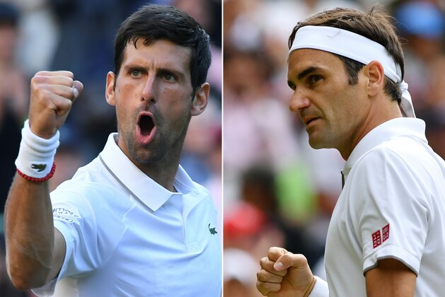 (COMBO) This combination of pictures created on July 13, 2019 shows Serbia's Novak Djokovic (L) celebrates during his men's singles second round match on the third day of the 2019 Wimbledon Championships on July 3, 2019 and Switzerland's Roger Federer celebrating after winning a point during his men's singles third round match on the sixth day of the 2019 Wimbledon Championships on July 6, 2019 in Wimbledon, southwest London. - Serbia's Novak Djokovic and Switzerland's Roger Federer will play against each other in the men's singles final match of the 2019 Wimbledon Championships on July 14, 2019. (Photos by Ben STANSALL and GLYN KIRK / AFP) / RESTRICTED TO EDITORIAL USE
RESTRICTED TO EDITORIAL USE        (Photo credit should read BEN STANSALL,GLYN KIRK/AFP/Getty Images)