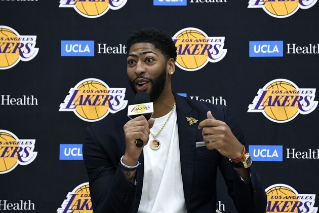 EL SEGUNDO, CALIFORNIA - JULY 13: Anthony Davis speaks as he is introduced as the newest player of the Los Angeles Lakers during a press conference at UCLA Health Training Center on July 13, 2019 in El Segundo, California. NOTE TO USER: User expressly acknowledges and agrees that, by downloading and/or using this Photograph, user is consenting to the terms and conditions of the Getty Images License Agreement. (Photo by Kevork Djansezian/Getty Images) EL SEGUNDO, CALIFORNIA - JULY 13: Anthony Davis speaks as he is introduced as the newest player of the Los Angeles Lakers during a press conference at UCLA Health Training Center on July 13, 2019 in El Segundo, California. NOTE TO USER: User expressly acknowledges and agrees that, by downloading and/or using this Photograph, user is consenting to the terms and conditions of the Getty Images License Agreement. (Photo by Kevork Djansezian/Getty Images)