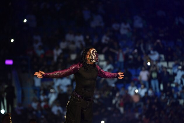 Jeff Hardy makes his way to the ring during the WWE World Cup Quarterfinal match as part of as part of the World Wrestling Entertainment (WWE) Crown Jewel pay-per-view at the King Saud University Stadium in Riyadh on November 2, 2018. (Photo by Fayez Nureldine / AFP)        (Photo credit should read FAYEZ NURELDINE/AFP/Getty Images)