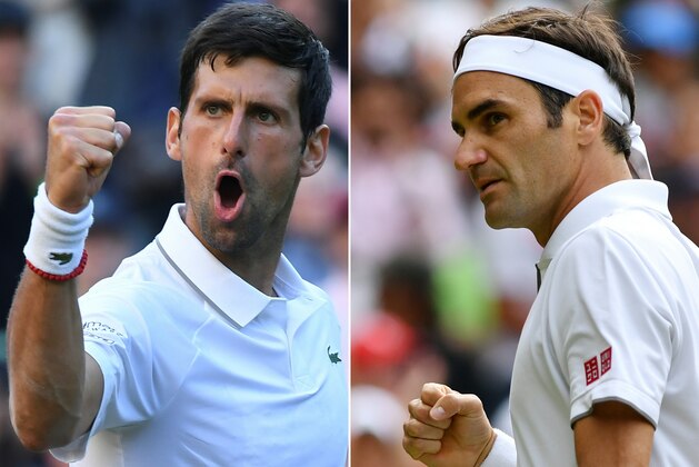 (COMBO) This combination of pictures created on July 13, 2019 shows Serbia's Novak Djokovic (L) celebrates during his men's singles second round match on the third day of the 2019 Wimbledon Championships on July 3, 2019 and Switzerland's Roger Federer celebrating after winning a point during his men's singles third round match on the sixth day of the 2019 Wimbledon Championships on July 6, 2019 in Wimbledon, southwest London. - Serbia's Novak Djokovic and Switzerland's Roger Federer will play against each other in the men's singles final match of the 2019 Wimbledon Championships on July 14, 2019. (Photos by Ben STANSALL and GLYN KIRK / AFP) / RESTRICTED TO EDITORIAL USE
RESTRICTED TO EDITORIAL USE        (Photo credit should read BEN STANSALL,GLYN KIRK/AFP/Getty Images)