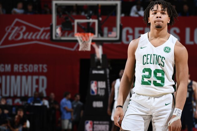 LAS VEGAS, NV - JULY 13: Carsen Edwards #29 of the Boston Celtics  seen on the court during the game against the Memphis Grizzlies on July 13, 2019 at the Thomas & Mack Center in Las Vegas, Nevada. NOTE TO USER: User expressly acknowledges and agrees that, by downloading and/or using this Photograph, user is consenting to the terms and conditions of the Getty Images License Agreement. Mandatory Copyright Notice: Copyright 2019 NBAE (Photo by Garrett Ellwood/NBAE via Getty Images)