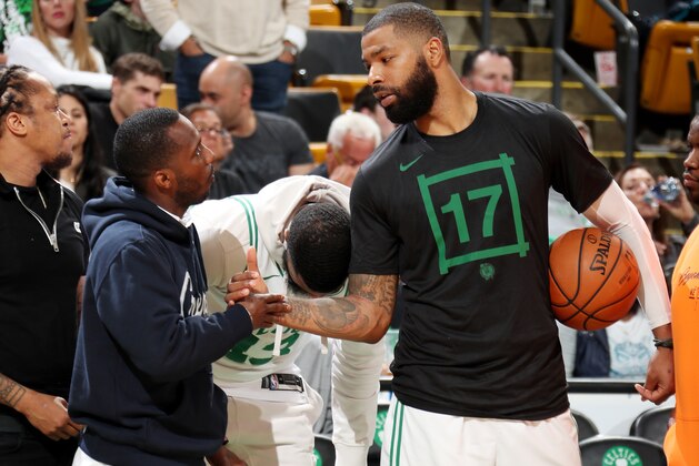 BOSTON, MA - MAY 3:  Rich Paul, Markieff Morris #5 of the Oklahoma City Thunder and Marcus Morris #13 of the Boston Celtics chat during Game Three of the Eastern Conference Semi Finals of the 2019 NBA Playoffs against the Milwaukee Bucks on May 3, 2019 at the TD Garden in Boston, Massachusetts.  NOTE TO USER: User expressly acknowledges and agrees that, by downloading and or using this photograph, User is consenting to the terms and conditions of the Getty Images License Agreement. Mandatory Copyright Notice: Copyright 2019 NBAE  (Photo by Nathaniel S. Butler/NBAE via Getty Images)