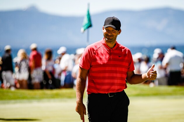 STATELINE, NEVADA - JULY 13: Tony Romo leaves the 18th hole after finishing round 2 of the American Century Championship in the lead at Edgewood Tahoe Golf Course on July 13, 2019 in Stateline, Nevada. (Photo by Jonathan Devich/Getty Images)