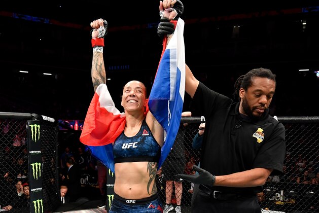 SACRAMENTO, CALIFORNIA - JULY 13:  Germaine de Randamie of the Netherlands celebrates after her TKO victory over Aspen Ladd in their women's bantamweight bout during the UFC Fight Night event at Golden 1 Center on July 13, 2019 in Sacramento, California. (Photo by Jeff Bottari/Zuffa LLC/Zuffa LLC via Getty Images)