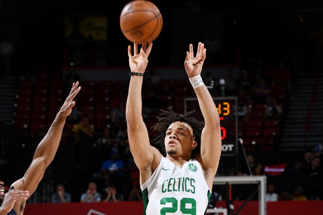 LAS VEGAS, NV - JULY 13: Carsen Edwards #29 of the Boston Celtics shoots the ball against the Memphis Grizzlies on July 13, 2019 at the Thomas & Mack Center in Las Vegas, Nevada. NOTE TO USER: User expressly acknowledges and agrees that, by downloading and/or using this Photograph, user is consenting to the terms and conditions of the Getty Images License Agreement. Mandatory Copyright Notice: Copyright 2019 NBAE (Photo by Garrett Ellwood/NBAE via Getty Images)