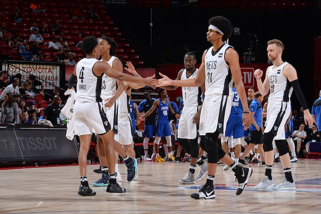 LAS VEGAS, NV - JULY 10: Jaylen Hands #4 and Jarrett Allen #31 of the Brooklyn Nets high five during the game against the Orlando Magic on July 10, 2019 at the Thomas & Mack Center in Las Vegas, Nevada. NOTE TO USER: User expressly acknowledges and agrees that, by downloading and/or using this photograph, user is consenting to the terms and conditions of the Getty Images License Agreement. Mandatory Copyright Notice: Copyright 2019 NBAE (Photo by Bart Young/NBAE via Getty Images)