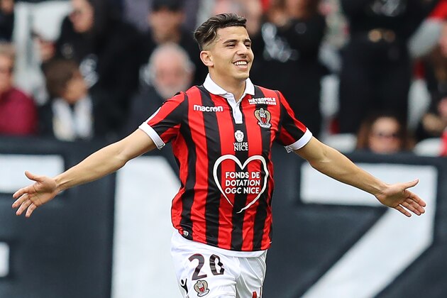 Nice's Algerian defender Youcef Atal celebrates afte scoring a goal during the French L1 football match between Nice (OGCN) and Strasbourg (RCSA) on March 3, 2019, at the Allianz Riviera stadium in Nice, southeastern France. (Photo by VALERY HACHE / AFP)        (Photo credit should read VALERY HACHE/AFP/Getty Images)