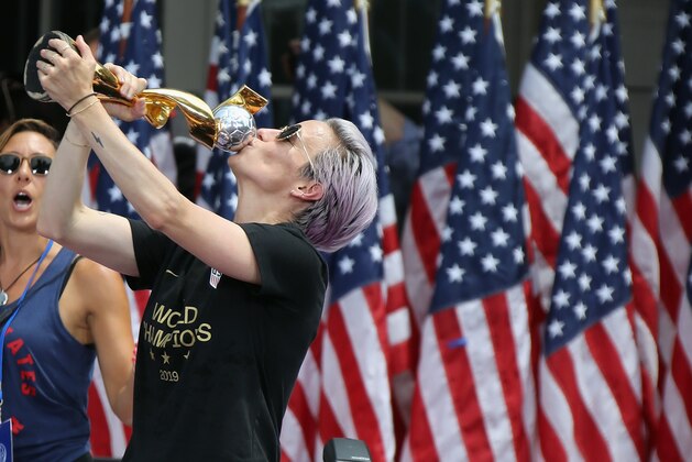 NEW YORK, NEW YORK - JULY 10: Megan Rapinoe and members of the United States Women's National Soccer Team are honored at a ceremony at City Hall on July 10, 2019 in New York City. The honor followed a ticker tape parade up lower Manhattan's