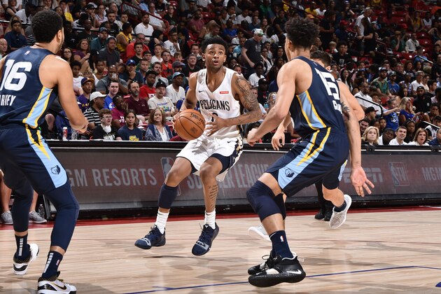LAS VEGAS, NV - JULY 14: Nickeil Alexander-Walker #0 of the New Orleans Pelicans handles the ball against the Memphis Grizzlies during the Semifinals of the Las Vegas Summer League on July 14, 2019 at the Thomas & Mack Center in Las Vegas, Nevada. NOTE TO USER: User expressly acknowledges and agrees that, by downloading and/or using this photograph, user is consenting to the terms and conditions of the Getty Images License Agreement. Mandatory Copyright Notice: Copyright 2019 NBAE (Photo by David Dow/NBAE via Getty Images)
