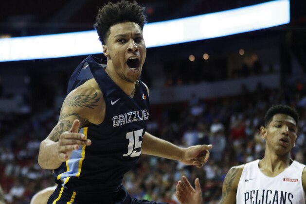 Memphis Grizzlies' Brandon Clarke reacts after scoring against the New Orleans Pelicans during overtime of an NBA summer league basketball game Sunday, July 14, 2019, in Las Vegas. (AP Photo/John Locher)