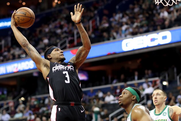 WASHINGTON, DC - APRIL 09: Bradley Beal #3 of the Washington Wizards puts up a shot against the Boston Celtics in the first half at Capital One Arena on April 09, 2019 in Washington, DC. NOTE TO USER: User expressly acknowledges and agrees that, by downloading and or using this photograph, User is consenting to the terms and conditions of the Getty Images License Agreement. (Photo by Rob Carr/Getty Images)