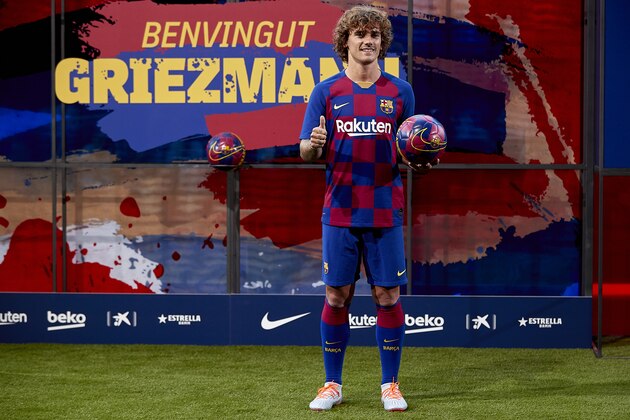 BARCELONA, SPAIN - JULY 14: New Barcelona signing Antoine Griezmann poses for the media as he is unveiled at Camp Nou on July 14, 2019 in Barcelona, Spain. (Photo by Quality Sport Images/Getty Images)