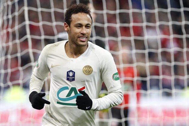 PSG's Neymar runs during the French Cup soccer final between Rennes and Paris Saint Germain at the Stade de France stadium in Saint-Denis, outside Paris, France, Saturday, April 27, 2019. (AP Photo/Thibault Camus)