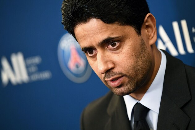 Paris Saint-Germain's Qatari president Nasser Al-Khelaifi answers to the press during a press conference to annonce new shirt sponsorship deal with the French multinational Accor at the Parc des Princes stadium in Paris on February 22, 2019. - PSG will wear on their shirts the logo of ALL, the loyalty program of Accor, one of the largest hotel chains in the world and whose headquarters are located just outside Paris. (Photo by FRANCK FIFE / AFP)        (Photo credit should read FRANCK FIFE/AFP/Getty Images)