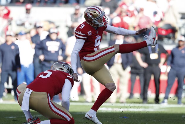 San Francisco 49ers kicker Robbie Gould (9) kicks a field goal from the hold of Bradley Pinion during the first half of an NFL football game against the Chicago Bears in Santa Clara, Calif., Sunday, Dec. 23, 2018. (AP Photo/Tony Avelar)