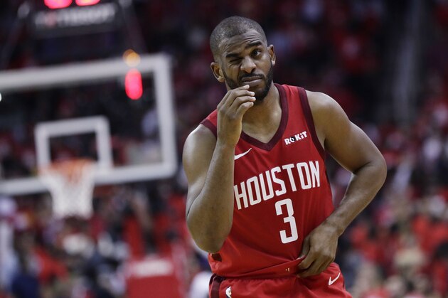 Houston Rockets guard Chris Paul (3) reacts after he was hit on the face during the second half in Game 6 of the team's second-round NBA basketball playoff series against the Golden State Warriors, Friday, May 10, 2019, in Houston. Golden State won 118-113, winning the series. (AP Photo/Eric Gay)