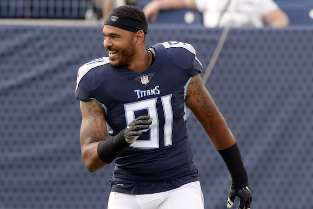 Tennessee Titans linebacker Derrick Morgan warms up before a preseason NFL football game against the Tampa Bay Buccaneers Saturday, Aug. 18, 2018, in Nashville, Tenn. (AP Photo/Mark Zaleski)