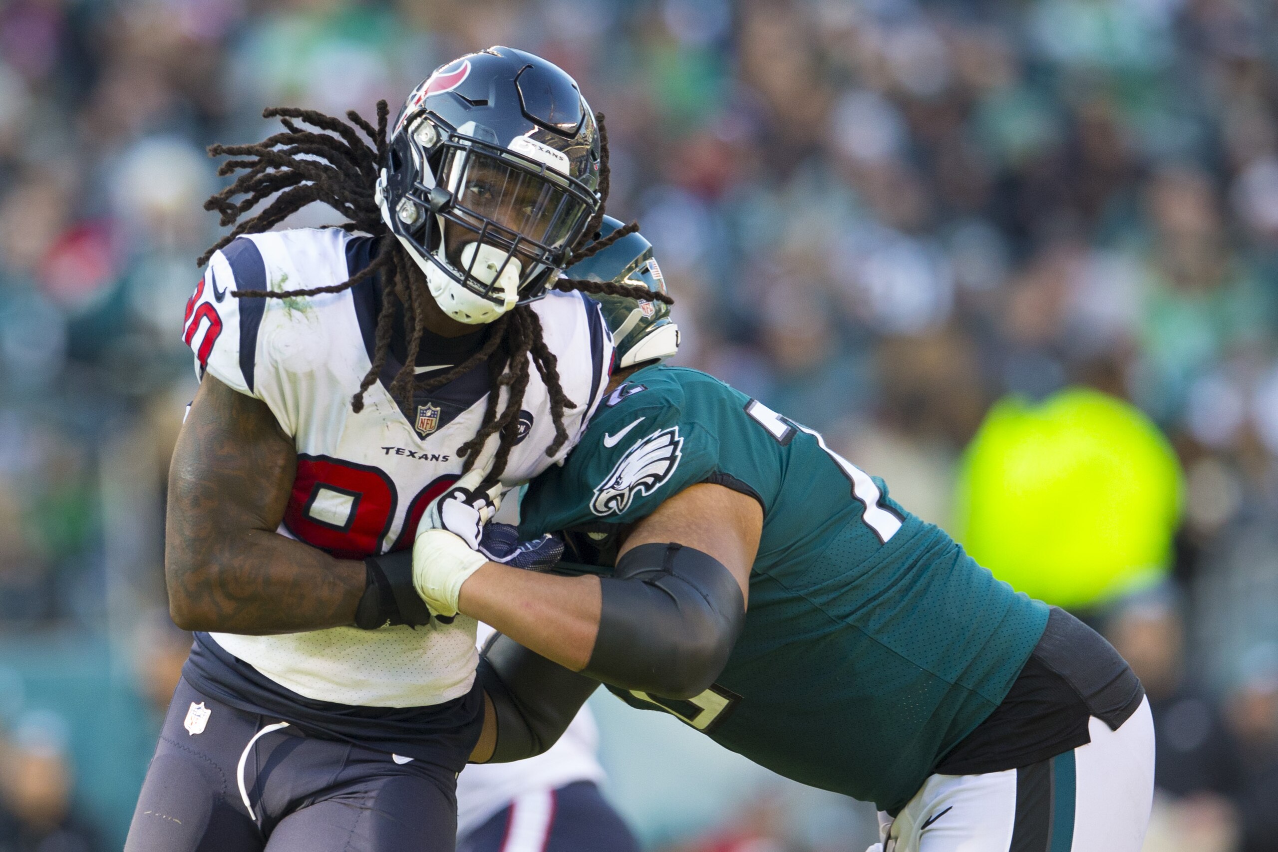 PHILADELPHIA, PA - DECEMBER 23: Jadeveon Clowney #90 of the Houston Texans rushes the passer against Halapoulivaati Vaitai #72 of the Philadelphia Eagles at Lincoln Financial Field on December 23, 2018 in Philadelphia, Pennsylvania. The Eagles defeated the Texans 32-30. (Photo by Mitchell Leff/Getty Images) PHILADELPHIA, PA - DECEMBER 23: Jadeveon Clowney #90 of the Houston Texans rushes the passer against Halapoulivaati Vaitai #72 of the Philadelphia Eagles at Lincoln Financial Field on December 23, 2018 in Philadelphia, Pennsylvania. The Eagles defeated the Texans 32-30. (Photo by Mitchell Leff/Getty Images)
