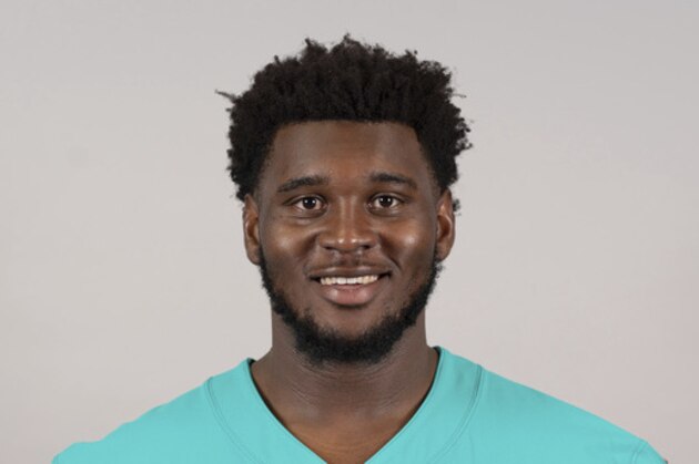 FILE - This is a 2019 file photo showing Kendrick Norton of the Miami Dolphins NFL football team. Dolphins defensive tackle Kendrick Norton suffered multiple injuries in a car crash near Miami that required his left arm to be amputated. Sports agent Malki Kawa confirmed the injuries in a tweet on Thursday morning, July 4, 2019. (AP Photo/File)