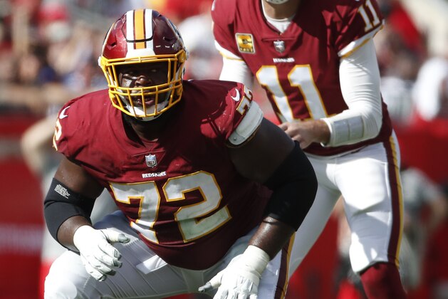 Washington Redskins offensive guard Jonathan Cooper (72) sets to block against the Tampa Bay Buccaneers during an NFL football game Sunday, Nov. 11, 2018, in Tampa, Fla. The Redskins won the game 16-3. (Jeff Haynes/AP Images for Panini)