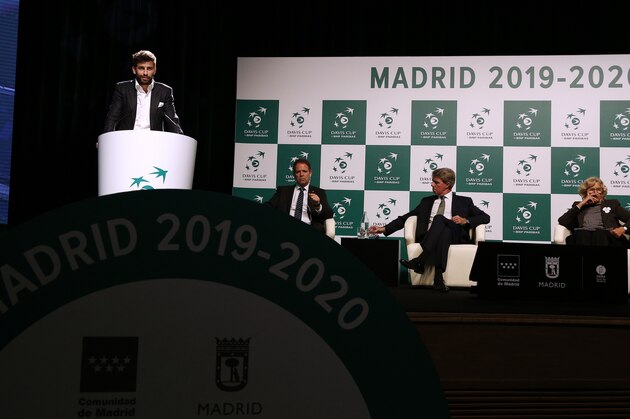 FC Barcelona player and founder of investment group Kosmos Gerard Pique delivers his speech during the presentation of the city of Madrid as hosts of the new Davis Cup for the next two years in Madrid, Spain, Wednesday, Oct. 17, 2018. (AP Photo/Manu Fernandez)
