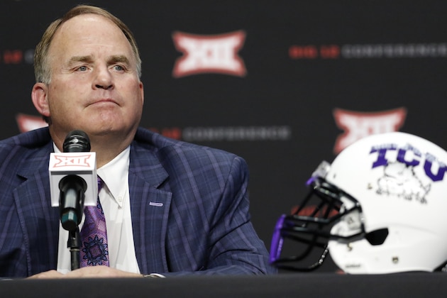 TCU head coach Gary Patterson listens to a reporter's question on the first day of Big 12 Conference NCAA college football media days Monday, July 15, 2019, at AT&T Stadium in Arlington, Texas. (AP Photo/David Kent)