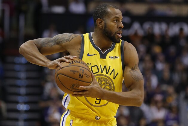 Golden State Warriors guard Andre Iguodala (9) in the first half during an NBA basketball game against the Phoenix Suns, Monday, Dec. 31, 2018, in Phoenix. (AP Photo/Rick Scuteri)