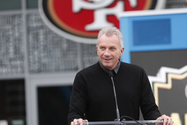 Former San Francisco 49ers quarterback Joe Montana speaks at a ceremony commemorating