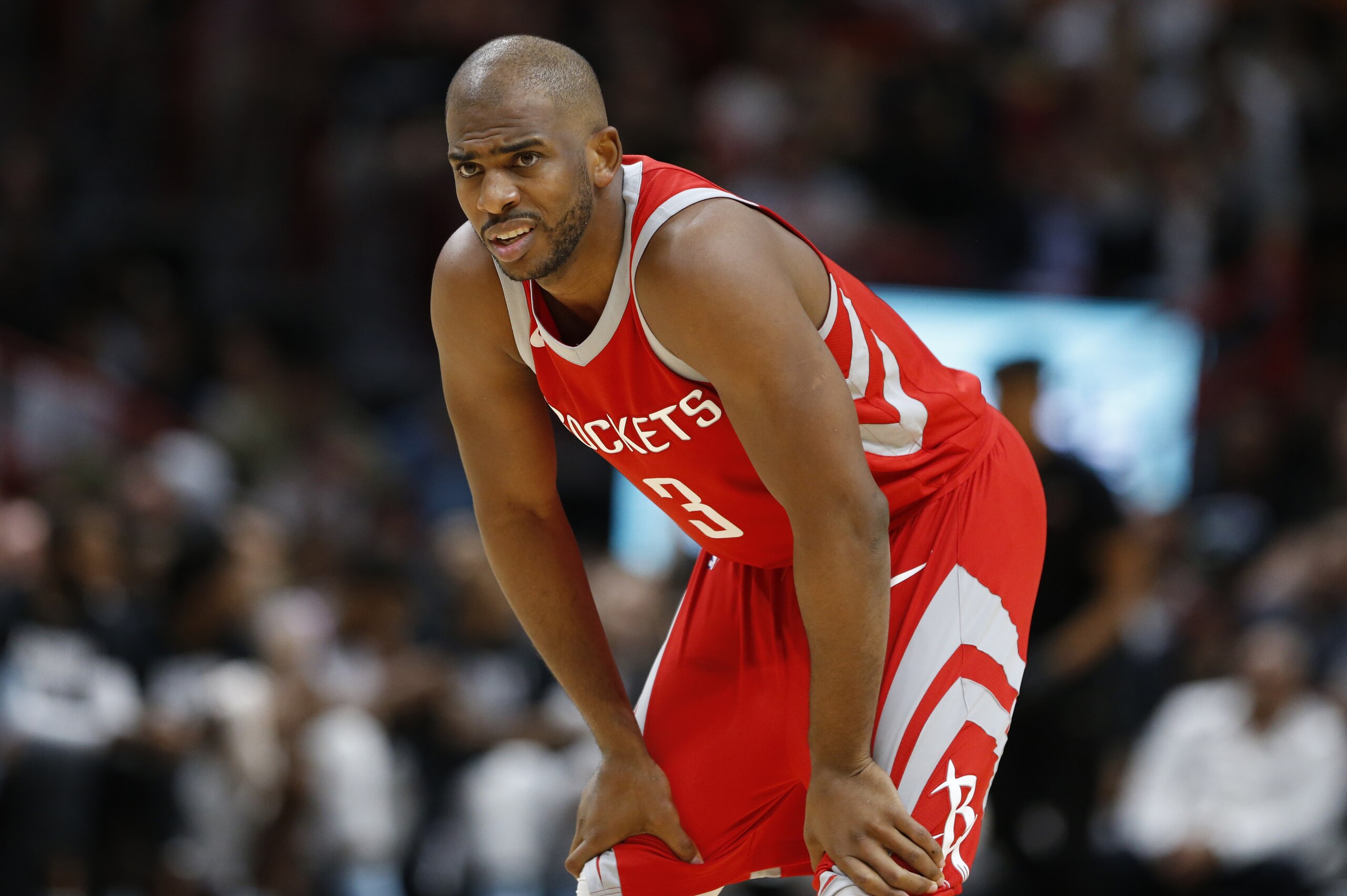 Houston Rockets guard Chris Paul is shown during the second half of an NBA basketball game against the Miami Heat, Wednesday, Feb. 7, 2018, in Miami. The Rockets defeated the Heat 109-101. (AP Photo/Wilfredo Lee)