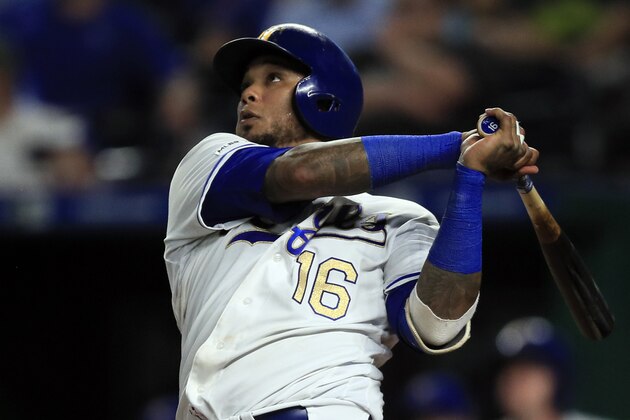 Kansas City Royals' Martin Maldonado hits a solo home run during the seventh inning of a baseball game against the Detroit Tigers at Kauffman Stadium in Kansas City, Mo., Friday, July 12, 2019. (AP Photo/Orlin Wagner)
