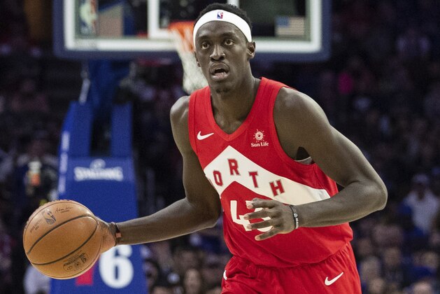 Toronto Raptors' Pascal Siakam in action during the second half of Game 4 of a second-round NBA basketball playoff series against the Philadelphia 76ers, Sunday, May 5, 2019, in Philadelphia. Raptors won 101-96. (AP Photo/Chris Szagola)
