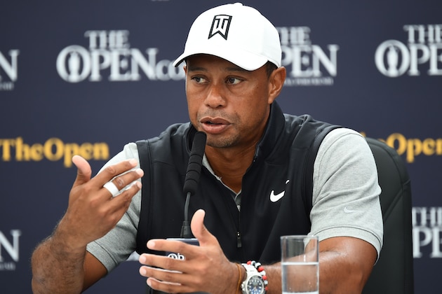 US golfer Tiger Woods takes part in a press conference at The 148th Open golf Championship at Royal Portrush golf club in Northern Ireland on July 16, 2019. (Photo by ANDY BUCHANAN / AFP) / RESTRICTED TO EDITORIAL USE        (Photo credit should read ANDY BUCHANAN/AFP/Getty Images)
